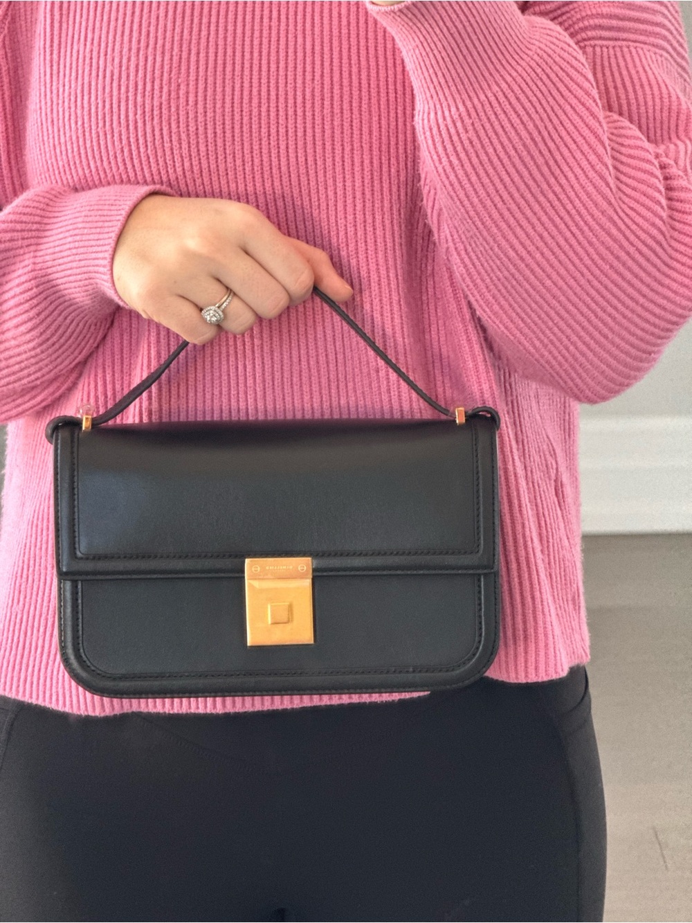 Demellier Paris crossbody Black Leather Top-Handle Bag with Gold Hardware